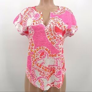 Lilly Pulitzer Duval Pink Tropical Print 100% Linen Tee Size XS